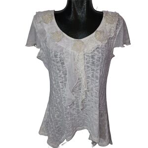 Le Grenier White Open Knit Short Sleeve Boho Top with Beaded Floral Appliqué L